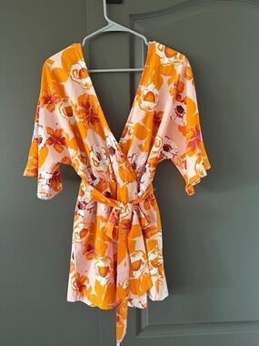 Hello Molly Orange and Pink Floral V-Neck Romper